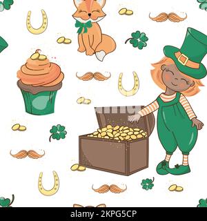 PATRICK THORAX Red haired Leprechaun Boy in Green Pants and hat gießt Gold Münzen Saint Patrick Day Cartoon Seamless Pattern Vector Illustration für PRI Stock Vektor