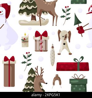 Weihnachten nähert Muster mit Baum, weihnachtsmann, Dekoration, Geschenken. Nahtloses Weihnachtsmuster, perfekt für Textil, Wrap, Tapeten und Design. Stock Vektor