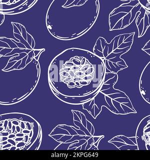 PASSIONSFRUCHT MUSTER köstliche Dilikatie Ganzes und Scheiben für Design of Organic Natural Products Shop und Dessertgetränke in Sketch Style Violet Seamle Stock Vektor