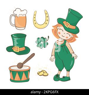 PATRICK HOLIDAY Red Hair Leprechaun Boy in Green hat and Other Attributes Saint Patrick Day Cartoon Clip Art Vector Illustration Set für Print Stock Vektor