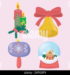 weihnachtsset mit Vektorelementen, Glaskugel, Glocke, Zauberkugel und Kerzen Stock Vektor