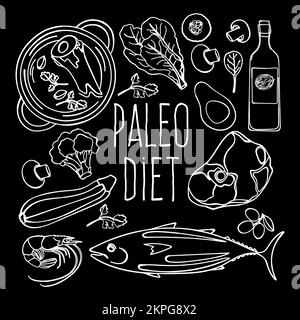 PALEO SCHWARZ gesundes Lebensmittel Low Carb Diet richtige Ernährung Monochrome Clip Art Cartoon Vector Illustration Set für Druck Stock Vektor