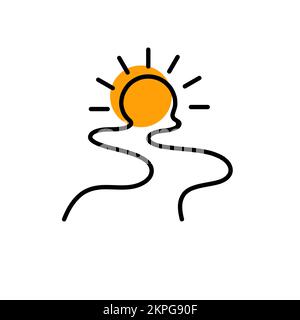 Straßen- und Sonnenlogo, Symbol für minimale lineare Linien. Fahrsymbol Stock Vektor