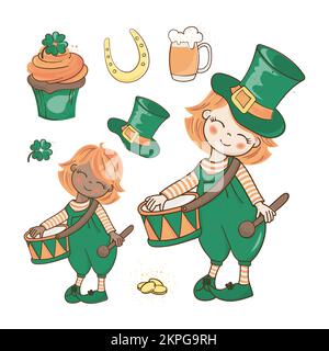 PATRICK MARCH Red Hair Leprechaun Boy in Green hat mit Drum Saint Patrick Day Cartoon Clip Art Vector Illustration Set für Print Stock Vektor