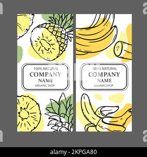 ETIKETTEN FÜR ANANAS-BANANEN Design von Aufklebern für Shop of Tropical Organic Natural Fresh Juicy Fruits and Dessert Drinks in Sketch Style Vector Illustrat Stock Vektor