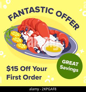 Fantastisches Angebot, Hummer mit Rabatt im Restaurant Stock Vektor