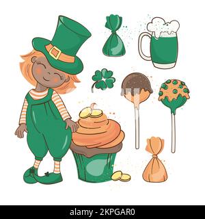 PATRICK SWEET Red Hair Leprechaun Boy in Green hat with Coin Cupcake Saint Patrick Day Cartoon Clip Art Vector Illustration Set for Print Stock Vektor