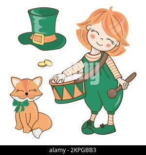 PATRICK CORTEGE Rothaariger Leprechaun Boy mit grüner Trommelmütze und Fox Animal Saint Patrick Day Cartoon Clip Art Vector Illustration Set für Print Stock Vektor