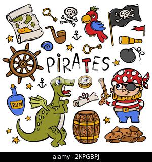 PIRATEN UND DRACHEN Dinosaurier Papagei Rum Flasche und andere Sea Travel Attribute handgezeichnete Cartoon Objekte Vektor Illustration Clip Art Set für Design an Stock Vektor