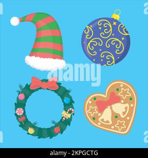 weihnachtsset mit Vektorelementen, einschließlich Koboldmütze, Glaskugel, Kranz und Keks Stock Vektor