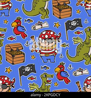 PIRAT UND TRUHE MIT GOLDENEM Dinosaurier Cartoon handgezeichnet nahtlose Muster Vektordarstellung auf blauem Hintergrund mit verschiedenen Meeresattributen Märchen Stock Vektor