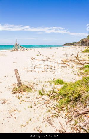 Landschaftsfoto der feinen Kunst an einer typisch australischen Küste mit Stockstapeln und feinem weißen Sand. Aus Richtung Amity, North Stradbroke Island, Queensland, Austr Stockfoto