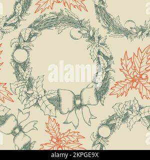 Vektorhintergrund mit Weihnachtskränzen und Holly-Blättern. Süßes nahtloses Vektormuster zu Weihnachten und Neujahr. Stift und Tinte zeichnen. Stock Vektor