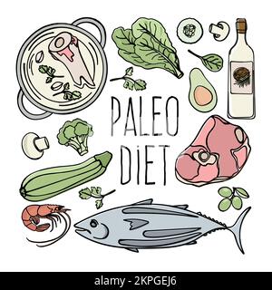 PALEO MENÜ gesunde kohlenhydratarme Diät Lebensmittel Bio richtige Ernährung Meel Cartoon Clip Art Vector Illustration Set zum Drucken Stock Vektor