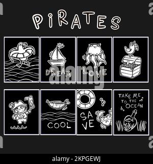 PIRATEN-DESIGN handgezeichnete nautische Postkartenkollektion Cartoon-Reisethema mit Schwarzweißtext Seevektorabbildung auf schwarzem Hintergrund für P Stock Vektor