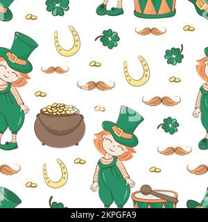 PATRICK BOY Red Hair Leprechaun in Green Mütze und Hose Irish Holiday Saint Patrick Day Cartoon Seamless Pattern Vector Illustration for Print Stock Vektor