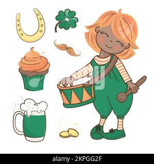 PATRICK DEMO Rothaariger Leprechaun Boy mit Trommel in grüner Hose Saint Patrick Day Cartoon Clip Art Vector Illustration Set für Print Stock Vektor