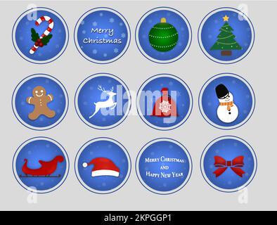 Silvester-Abzeichen mit Schneemann-Weihnachtsmann und anderen Elementen Stock Vektor