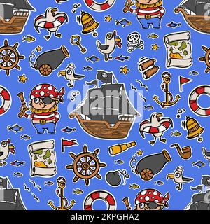 PIRATENSCHIFF Segelboot mit Black Sails Corsair mit Pistole und anderen Sea Travel Attributes handgezeichnete Cartoon Stickers Vector Collection in Seamless Pa Stock Vektor