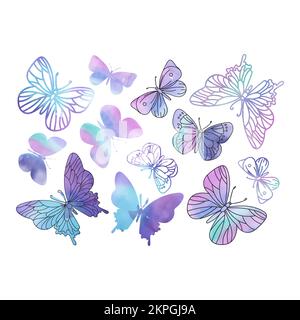 LILA SCHMETTERLINGE wunderschöne Sommer tropische Insekten auf weißem Hintergrund Aquarell handgezeichnete Cartoon Clip Art Vektor-Illustration Set zum Drucken Stock Vektor