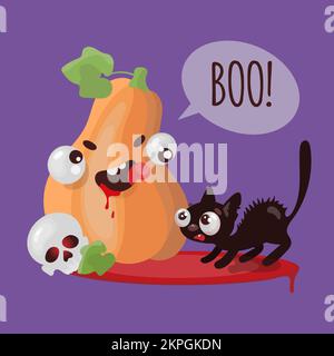 KÜRBISKATZE Halloween lustiger, flacher Cartoon mit handgezogenem Vektor – Illustrationsset zum Drucken Stock Vektor