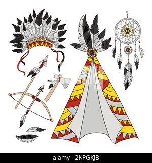 POCAHONTAS WELT-Indianer Lebensattribute Wigwam, Tomahawk, Bogen und Pfeil, Feder Kopfschmuck Cartoon Clip Art Vector Illustration Set F. Stock Vektor