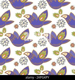 PURPLE BIRDS Oriental Tatar Ornament mit Blättern abstrakte weiße Blumen und blaue Vögel auf weißem Hintergrund Cartoon Seamless Pattern Vector Illustratio Stock Vektor