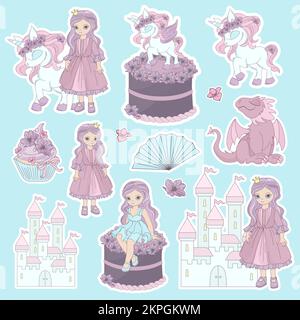 PRINZESSINNEN-STICKER langes Mädchen in pinkfarbenem, langem Kleid Nächstes Schloss mit Einhorn und Drachen pinkfarbene Blumen auf Kuchen Cartoon Clipart Vector Illustration Set Stock Vektor