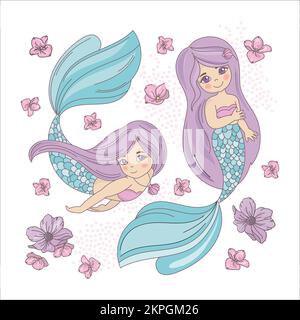LILA MEERJUNGFRAUEN Meer Unterwasser lange rosa Haare Prinzessin Mädchen Kreuzfahrt Tropische Cartoon Clip Art Vector Illustration Set zum Drucken Stock Vektor