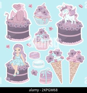 PRINZESSIN SÜSSIGKEITEN AUFKLEBER langes Mädchen in pinkfarbenem Langkleid Einhorn und Dragon Pink Flowers on Cake Biscuit Ice Cream Cartoon Clipart Vector Illustra Stock Vektor