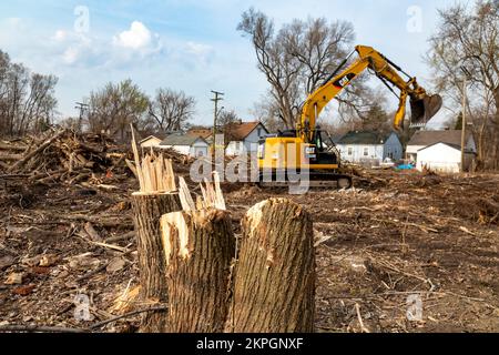 Detroit, Michigan – Arbeiter säubern Bäume von einer verlassenen Eisenbahnstrecke, die Teil des Joe Lewis Greenway ist, einer 27,5 km langen Wanderung und Bibo Stockfoto