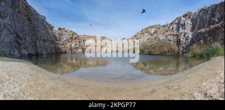 Geier über Alcantara, heute als natürliches Schwimmbad genutzt, Caceres, Extremadura, Spanien Stockfoto