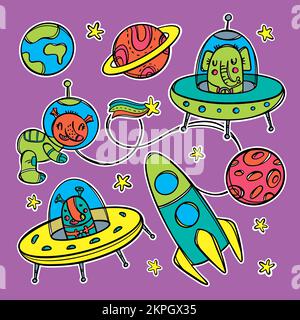 PLANETEN UND BEWOHNER süße Raumschiffe fliegen zwischen den Sternen im Universum handgezeichnete Space Cartoon Labels Clipart Vector Illustration Set für Print an Stock Vektor