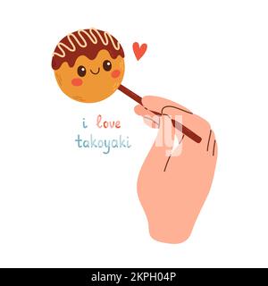 Takoyaki-Vektor-asiatisches Essen. Süßes Takoyaki auf weißem Hintergrund. Geben Sie Platz für Text frei. Stock Vektor