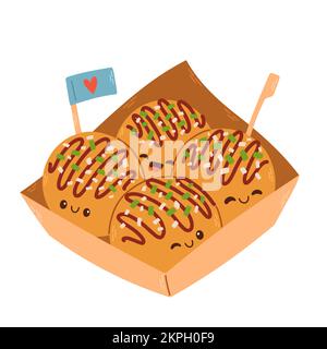 Takoyaki-Vektor-asiatisches Essen. Süßes Takoyaki auf weißem Hintergrund. Geben Sie Platz für Text frei. Stock Vektor