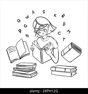 LESEFRAU Student liest Schulbuch Home Education Monochrome Doodle Sketch Handgezeichnete Vektorsammlung Selbststudium Home Learning of Students N Stock Vektor