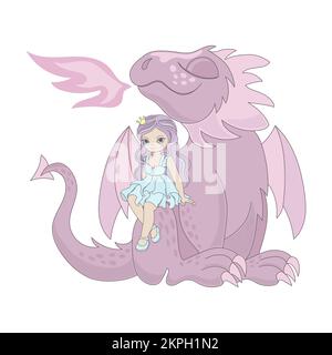 PRINZESSIN DRAGON Beautiful Girl With Pink Hair in A Crown Sits on the Leg of A Pink Dragon Birthday Wedding Cartoon Clip Art Vector Illustration Set for Stock Vektor