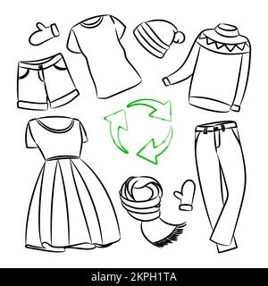 RECYCLINGTUCH SCHWARZWEISS Alte Kleidung auf weißem Hintergrund Ökologische globale Umweltverschmutzung Problem Clip Art Vector Illustration Set für Prin Stock Vektor