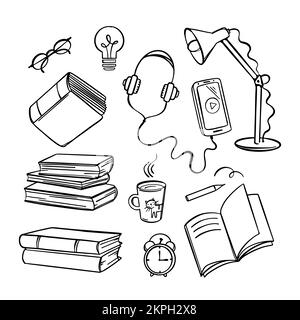 LESEN SIE BILDUNG Buchladen Online-Konzept Home Bildung Handgezogene Vektorsammlung verschiedene Schulmaterialien für das Lernen von Schülern auf Internet Doodl Stock Vektor