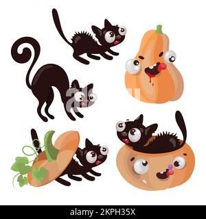 KÜRBISKÄTZCHEN Halloween-Comic mit Tiermotiv lustiger, flacher Cartoon mit handgezogenem Vektormotiv zum Drucken Stock Vektor