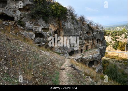Tlos Ruinen und Gräber, eine antike lykische Stadt in der Nähe der Stadt Seydikemer, Mugla, Türkei. Stockfoto