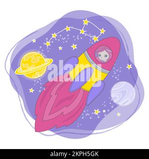 RAKETENMÄDCHEN Meerjungfrau Astronaut fliegt in Einem Raumschiff durch die Heimgalaxie zwischen Planeten und Constellations Cartoon Clip Art Vector Illustration Set Fo Stock Vektor