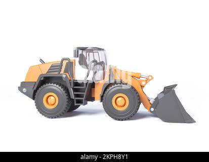 Gelbes Bulldozer-Modell auf isoliertem weißem Hintergrund, Schaufel anheben. 3D-Darstellung, Spielzeugstil. Sonderausrüstung in Sammlung. Vorne Stockfoto