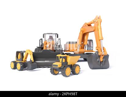 Sonderausrüstung auf weißem Hintergrund. 3D orangefarbene Komposition von Traktor und Bagger auf weißem, isoliertem Hintergrund. Stockfoto