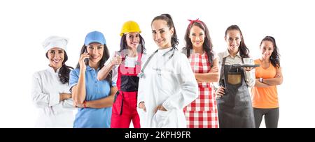 Eine schöne Frau in mehreren Berufen, Arzt, Arbeiter, Koch, Kellner, Trainer, Reiniger und Kurier auf weißem, isoliertem Hintergrund. Das Konzept von jo Stockfoto