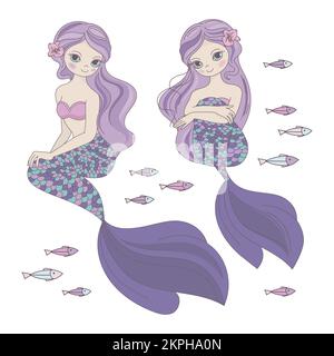 ZWEI MEERJUNGFRAUEN Unterwasser-Prinzessin Mädchen mit violetten langen Haaren und Blume im Haar auf schwimmenden Fischen Hintergrund Cartoon Clip Art Vector Illustration Stock Vektor