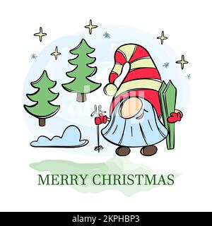 WEIHNACHTSMANN MIT SKIERN lustiger Bärtzwerg und Wolken Neujahr Frohe Weihnachten Cartoon Urlaub Hand gezeichnet mit Text Vektor Illustration Set zum Drucken Stock Vektor