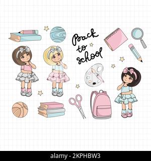 SCHÜLERINNEN und Lehrmittel für die Schule Mädchen Kinder Cartoon Clip Art und Handschrift Text Vektor Illustration Set zum Drucken Stock Vektor