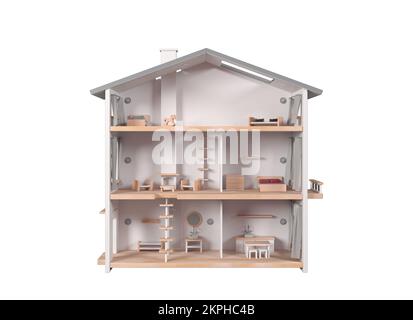 Klassisches Puppenhaus aus aus Holz isoliert auf weißem Hintergrund. Querschnitt des Hauses, Blick auf Schlafzimmer, Wohnzimmer und Flur, 3D Abbildung. Stockfoto