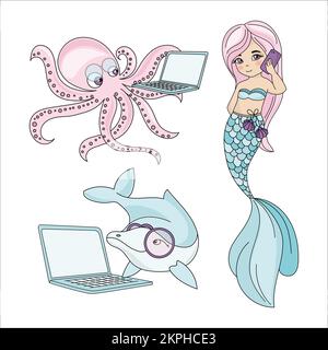 MEERESTIERE sprechende Meerjungfrau Smartphone Octopus und Delfin arbeiten an Laptop Unterwasserbewohner Cartoon Clip Art Vector Illustration Set für PRI Stock Vektor